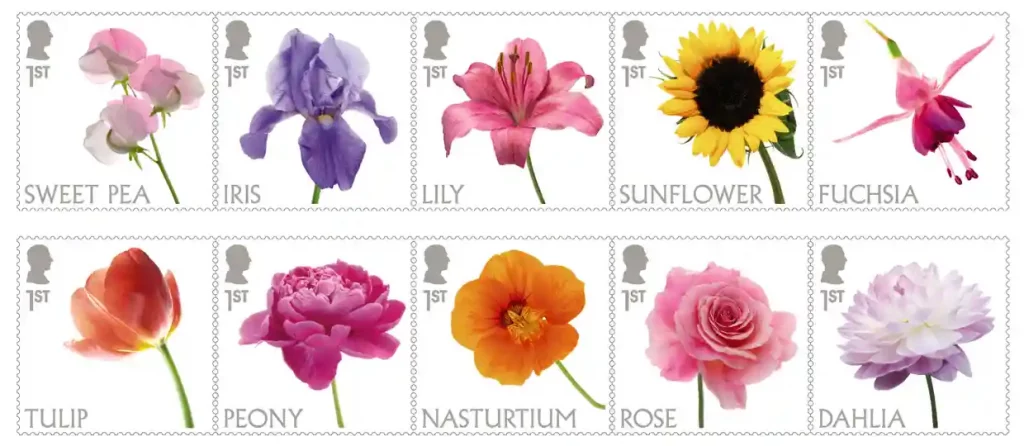 Ten stunning stamps showing some of the most popular flowers to be seen in gardens across Britain, with striking colour photographs.